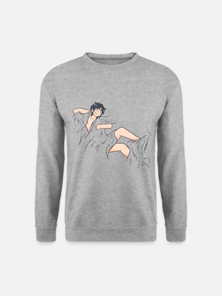 nackter Mann liegt mit einer Decke im Bett - Unisex Pullover - Weißgrau meliert