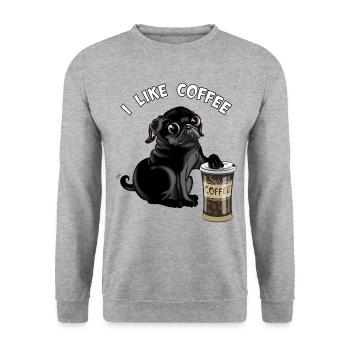 Schwarzer Mops oder Hund, Welpe mag Kaffee, Möpse - Unisex Pullover - Weißgrau meliert - Vorne - Alina (178cm) & Michal (187cm)
