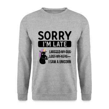 Sorry I'm Late - I Saw A Unicorn - Unisex Pullover - Weißgrau meliert - Vorne - Alina (178cm) & Michal (187cm)