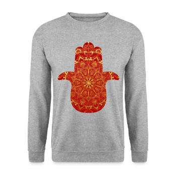 Hamsa Fatimas Hand Königliches Gold Rot Mandala - Unisex Pullover - Weißgrau meliert - Vorne - Alina (178cm) & Michal (187cm)