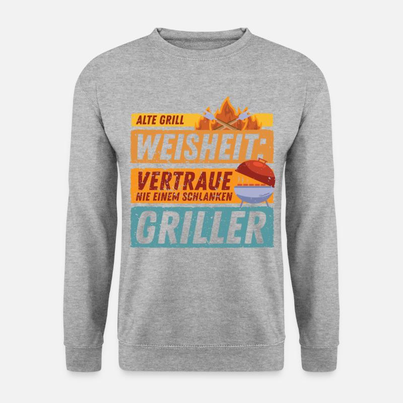 Grillspruch Weisheit | Lustiges Spruch BBQ Barbecu - Unisex Pullover - Weißgrau meliert