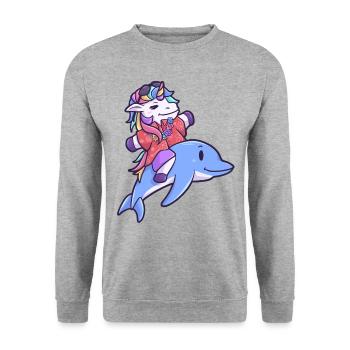 Hawaii Einhorn Delfin Urlaub Sommer - Unisex Pullover - Weißgrau meliert - Vorne - Alina (178cm) & Michal (187cm)