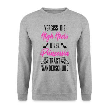 Vergiss High Heels Prinzessin Trägt Wanderschuhe B - Unisex Pullover - Weißgrau meliert - Vorne - Alina (178cm) & Michal (187cm)