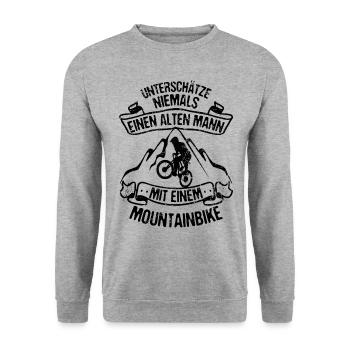 Alter Mann mit Mountainbike MTB Rad Mountain Biker - Unisex Pullover - Weißgrau meliert - Vorne - Alina (178cm) & Michal (187cm)