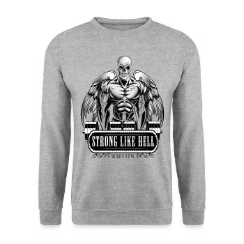 Totenkopf, Schädel Muskel Bodybuilder mit Hanteln - Unisex Pullover - Weißgrau meliert - Vorne - Alina (178cm) & Michal (187cm)