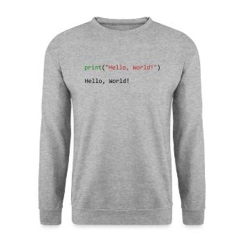 Hello World lustiges Geschenk Python Programmierer - Unisex Pullover - Weißgrau meliert - Vorne - Alina (178cm) & Michal (187cm)