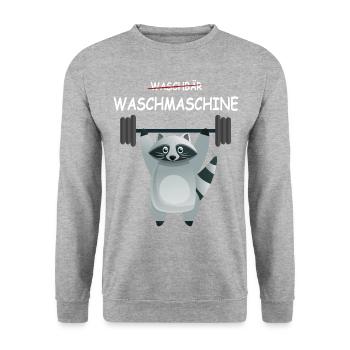 Ein Waschbär mit Hantel ist eine Waschmaschine - Unisex Pullover - Weißgrau meliert - Vorne - Alina (178cm) & Michal (187cm)