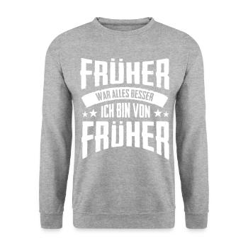 Früher war alles besser Ich bin von früher | Opa O - Unisex Pullover - Weißgrau meliert - Vorne - Alina (178cm) & Michal (187cm)