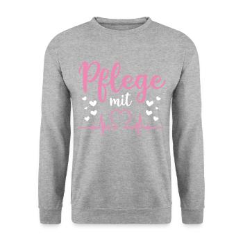 Pflege mit Herz | Altenpflegerin Pflegerin Pflegek - Unisex Pullover - Weißgrau meliert - Vorne - Alina (178cm) & Michal (187cm)