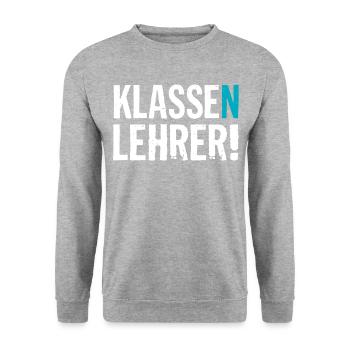 Abschied Geschenk für Klassenlehrer mit dem Klasse - Unisex Pullover - Weißgrau meliert - Vorne - Alina (178cm) & Michal (187cm)