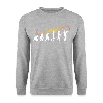 Evolution Trompete | Trompeter cooles Geschenk - Unisex Pullover - Weißgrau meliert - Vorne - Alina (178cm) & Michal (187cm)