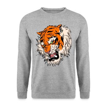 Katze Japanischer Tiger Tattoo Design Zeichnung - Unisex Pullover - Weißgrau meliert - Vorne - Alina (178cm) & Michal (187cm)