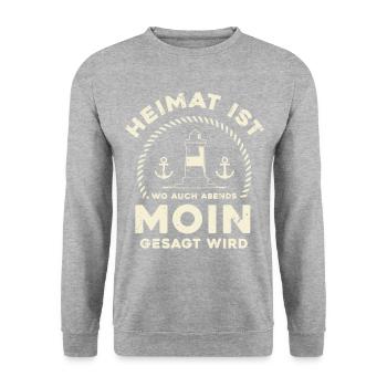 Heimat ist wo man auch Abends Moin gesagt wird | N - Unisex Pullover - Weißgrau meliert - Vorne - Alina (178cm) & Michal (187cm)