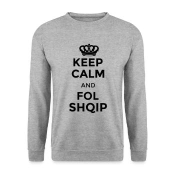 Keep calm and fol shqip Sprich Albanischshqip - Unisex Pullover - Weißgrau meliert - Vorne - Alina (178cm) & Michal (187cm)