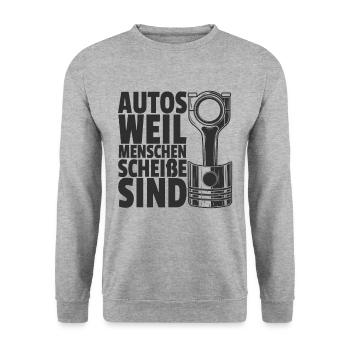 Autos - weil Menschen scheiße sind - Unisex Pullover - Weißgrau meliert - Vorne - Alina (178cm) & Michal (187cm)