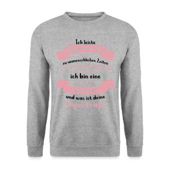 Pflegekraft Superkraft Spruch Pflegerin Altenpfleg - Unisex Pullover - Weißgrau meliert - Vorne - Alina (178cm) & Michal (187cm)