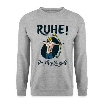 Ruhe! Der Meister zielt! Bogenschießen Bogensport - Unisex Pullover - Weißgrau meliert - Vorne - Alina (178cm) & Michal (187cm)