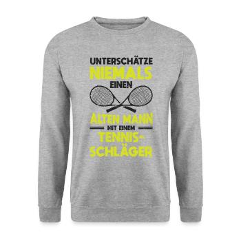 Unterschätze nie einen Alten Mann mit Tennisschläg - Unisex Pullover - Weißgrau meliert - Vorne - Alina (178cm) & Michal (187cm)