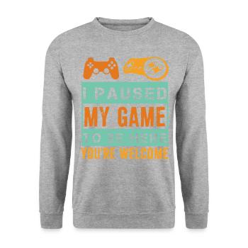 J'ai mis mon jeu en pause pour être ici - Sweat-shirt Unisexe - gris chiné - Devant - Alina (178cm) & Michal (187cm)
