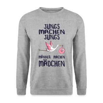 Jungs machen Jungs Männer machen Mädchen Werdender - Unisex Pullover - Weißgrau meliert - Vorne - Alina (178cm) & Michal (187cm)