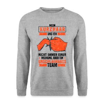 Mein Deutsch Kurzhaar und Ich Vorstehhund Spruch - Unisex Pullover - Weißgrau meliert - Vorne - Alina (178cm) & Michal (187cm)