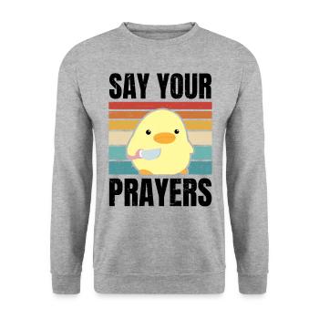 Dites vos prières mignon canard avec couteau meme poulet - Sweat-shirt Unisexe - gris chiné - Devant - Alina (178cm) & Michal (187cm)