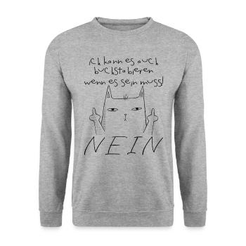 Nein Katze Buchstabieren Geschenkidee Lustig - Unisex Pullover - Weißgrau meliert - Vorne - Alina (178cm) & Michal (187cm)