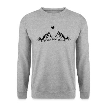 Bergkraxlerin Dialekt Spruch Berg Herz Trekking - Unisex Pullover - Weißgrau meliert - Vorne - Alina (178cm) & Michal (187cm)