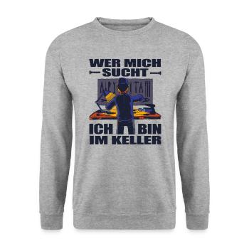 Lustiger Spruch Ich bin im Keller für Handwerker - Unisex Pullover - Weißgrau meliert - Vorne - Alina (178cm) & Michal (187cm)