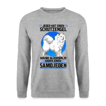 Glückspilze haben Samojeden Schlittenhund Spruch - Unisex Pullover - Weißgrau meliert - Vorne - Alina (178cm) & Michal (187cm)