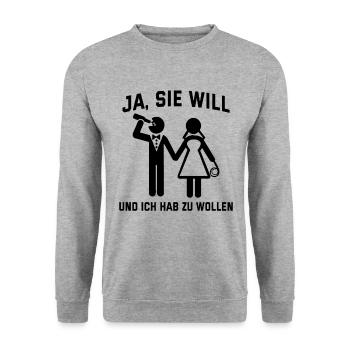 Hochzeit Ja Sie Will Und Ich Hab Zu Wollen Heirats - Unisex Pullover - Weißgrau meliert - Vorne - Alina (178cm) & Michal (187cm)