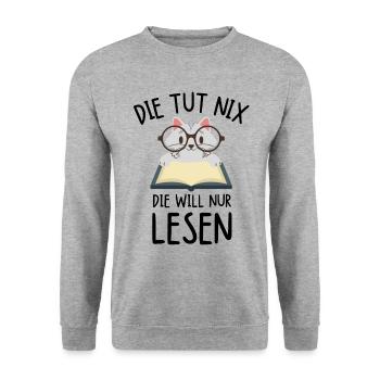Die tut nix die will nur lesen Katze Bücherwurm - Unisex Pullover - Weißgrau meliert - Vorne - Alina (178cm) & Michal (187cm)