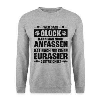 Eurasier streicheln lustiger Spitz Hund Spruch - Unisex Pullover - Weißgrau meliert - Vorne - Alina (178cm) & Michal (187cm)