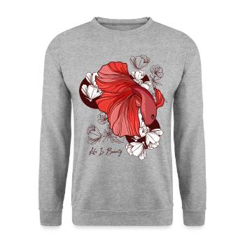 Kampffisch Mit Blumen - Unisex Pullover - Weißgrau meliert - Vorne - Alina (178cm) & Michal (187cm)