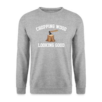Holz hacken, Holzfäller holzeinbaumen - Unisex Pullover - Weißgrau meliert - Vorne - Alina (178cm) & Michal (187cm)