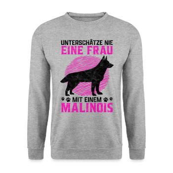 Frau mit Malinois Belgischer Schäferhund Spruch - Unisex Pullover - Weißgrau meliert - Vorne - Alina (178cm) & Michal (187cm)