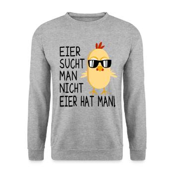Eier Sucht Man Nicht Eier Hat Man - Ostern Huhn - Unisex Pullover - Weißgrau meliert - Vorne - Alina (178cm) & Michal (187cm)
