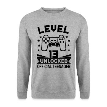 13. Geburtstag Gaming Level 13 Unlocked Geschenk - Unisex Pullover - Weißgrau meliert - Vorne - Alina (178cm) & Michal (187cm)