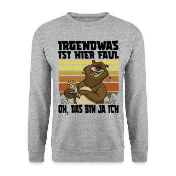 Irgendwas ist hier faul Bär Büro Bier Bären - Unisex Pullover - Weißgrau meliert - Vorne - Alina (178cm) & Michal (187cm)