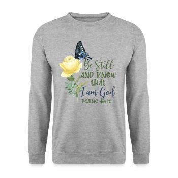 Christlicher Bibelvers Blume Schmetterling - Unisex Pullover - Weißgrau meliert - Vorne - Alina (178cm) & Michal (187cm)