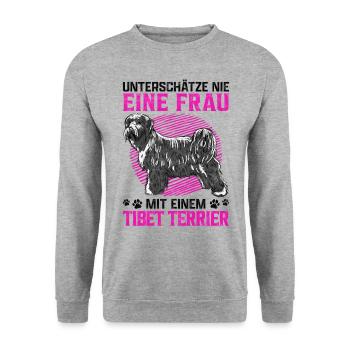 Frau mit Tibet Terrier Hütehund Spruch - Unisex Pullover - Weißgrau meliert - Vorne - Alina (178cm) & Michal (187cm)
