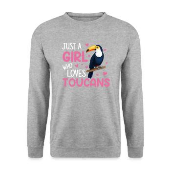 Just a girl who loves toucan, toucan - Unisex Pullover - Weißgrau meliert - Vorne - Alina (178cm) & Michal (187cm)