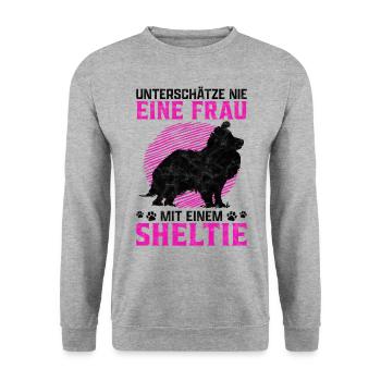 Frau mit Shetland Sheepdog Sheltie Spruch - Unisex Pullover - Weißgrau meliert - Vorne - Alina (178cm) & Michal (187cm)