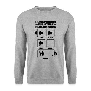 Olde English Bulldogge Hundetricks Spruch - Unisex Pullover - Weißgrau meliert - Vorne - Alina (178cm) & Michal (187cm)