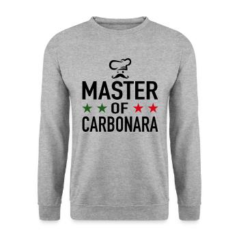 Spaghetti Carbonara Chefkoch Master Of Carbonara - Unisex Pullover - Weißgrau meliert - Vorne - Alina (178cm) & Michal (187cm)