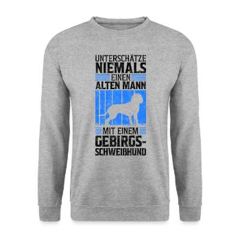 Alter Mann mit Bayerischer Gebirgsschweißhund - Unisex Pullover - Weißgrau meliert - Vorne - Alina (178cm) & Michal (187cm)