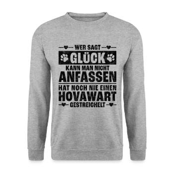 Hovawart streicheln lustiger Bauernhund Spruch - Unisex Pullover - Weißgrau meliert - Vorne - Alina (178cm) & Michal (187cm)