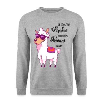 Die coolsten Alpakas werden im Februar geboren - Unisex Pullover - Weißgrau meliert - Vorne - Alina (178cm) & Michal (187cm)