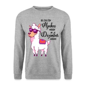Die coolsten Alpakas werden im Dezember geboren - Unisex Pullover - Weißgrau meliert - Vorne - Alina (178cm) & Michal (187cm)
