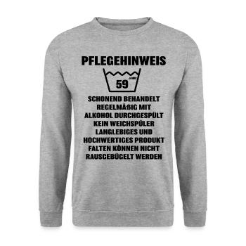 Pflegehinweis 59 Jahre - Unisex Pullover - Weißgrau meliert - Vorne - Alina (178cm) & Michal (187cm)